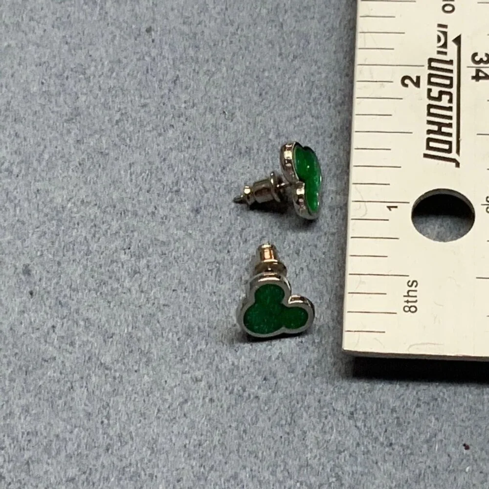 Disney Pierced Stud Earrings 0.5 In Mickey Mouse Ears Silver Green Sparkly Glam - Picture 6 of 6